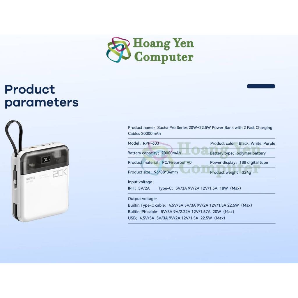 [Có CCC] Sạc Dự Phòng Mini Remax RPP-603 20000Mah (Sạc Nhanh QC3.0, VOOC 2.0, PD20W), Tích Hợp Cáp Sạc - BH 1 Năm
