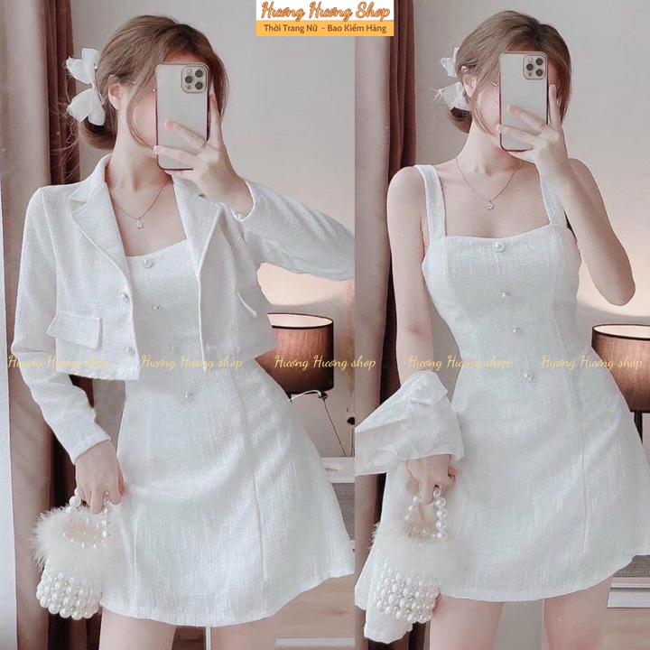 Set Váy Dạ Tweed Nữ 2 Dây Kèm Áo Khoác Thiết Kế Dự Tiệc, Set Đầm 2 Dây Phối Áo Khoác Croptop Tiểu Thư Sang Chảnh