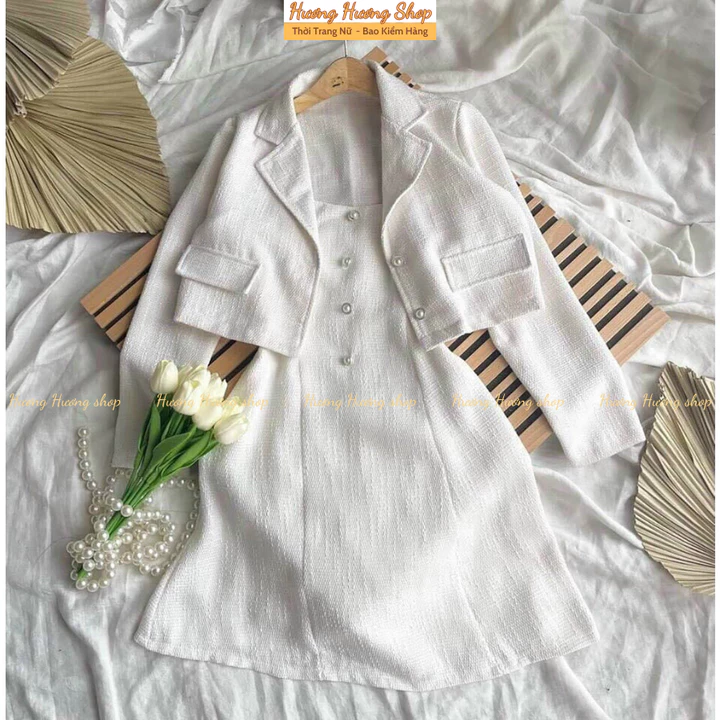 Set Váy Dạ Tweed Nữ 2 Dây Kèm Áo Khoác Thiết Kế Dự Tiệc, Set Đầm 2 Dây Phối Áo Khoác Croptop Tiểu Thư Sang Chảnh