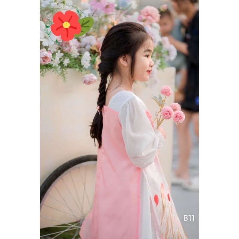 Set Áo Dài TẾT Cách Tân  + Váy 1-10 Tuổi Dài Tay Dáng váy Xòe Hình Cô Gái Màu Hồng Mặc Tết