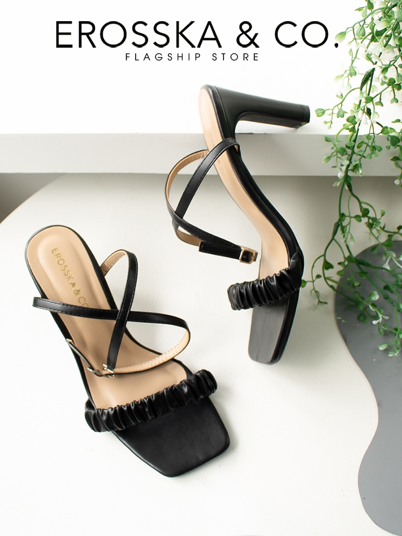 Giày sandal cao gót nữ Erosska mũi vuông quai nhún cao 8cm