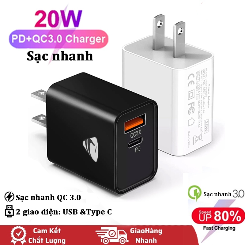 Bộ Sạc Nhanh  20W 2 cổng Type C USB chuyên dụng thích hợp cho điện thoại Ip Xiaomi Samsung Huawei Oppo Thoại Di Động