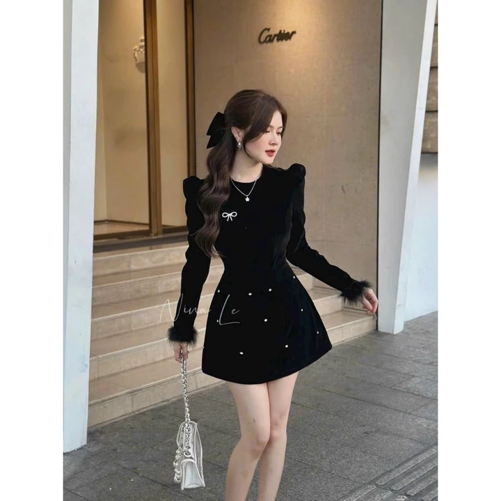 Set đầm nhung - Đầm váy nữ chất nhung tay dài PHỐI TAY LÔNG váy xoè cổ tròn TAG NƠ đá sang trọng 2 màu diện TẾT,đi chơi