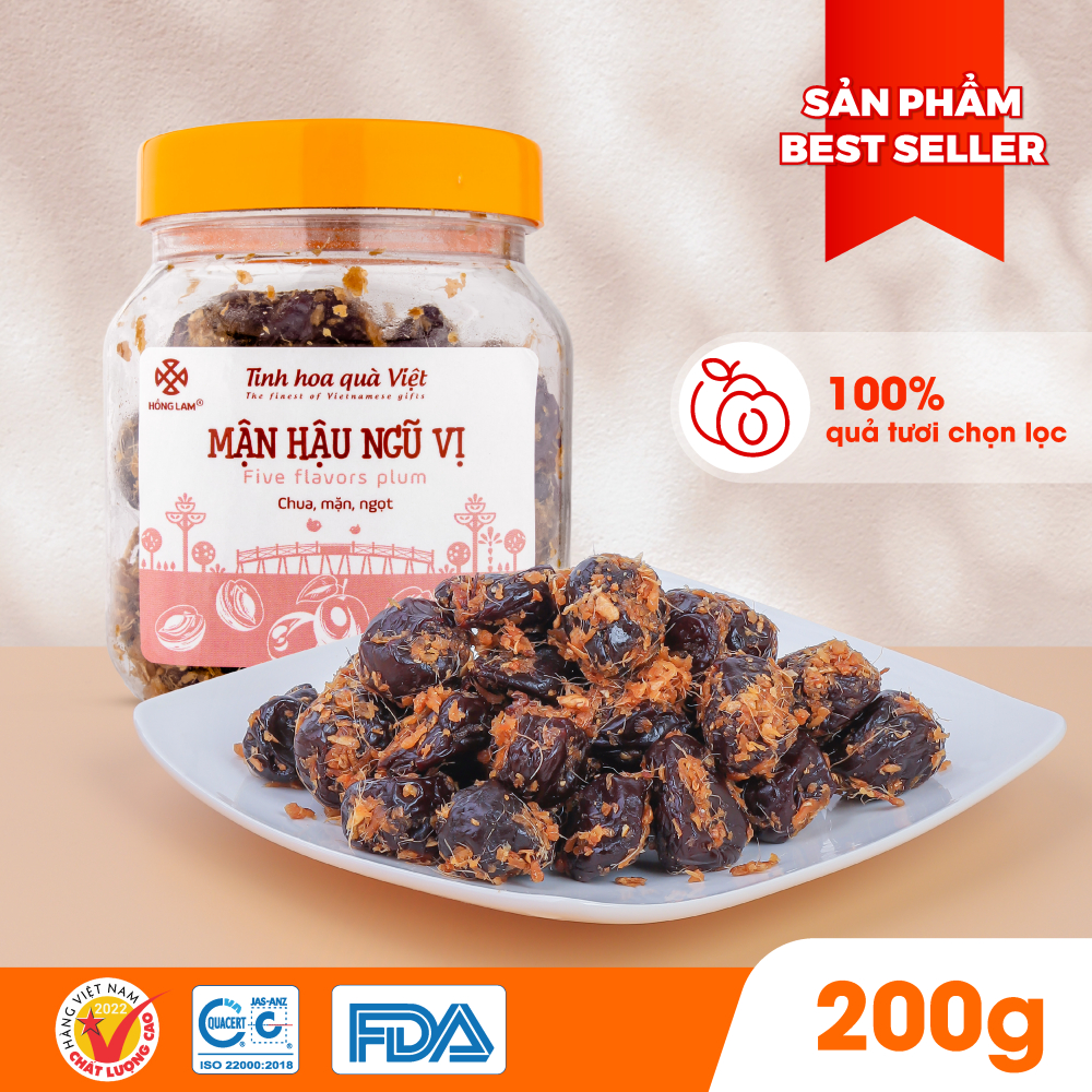 Ảnh Ô mai (xí muội) mận hậu ngũ vị Hồng Lam, dạng hộp và gói. Hương vị chua, cay, mặn ngọt của gừng 1