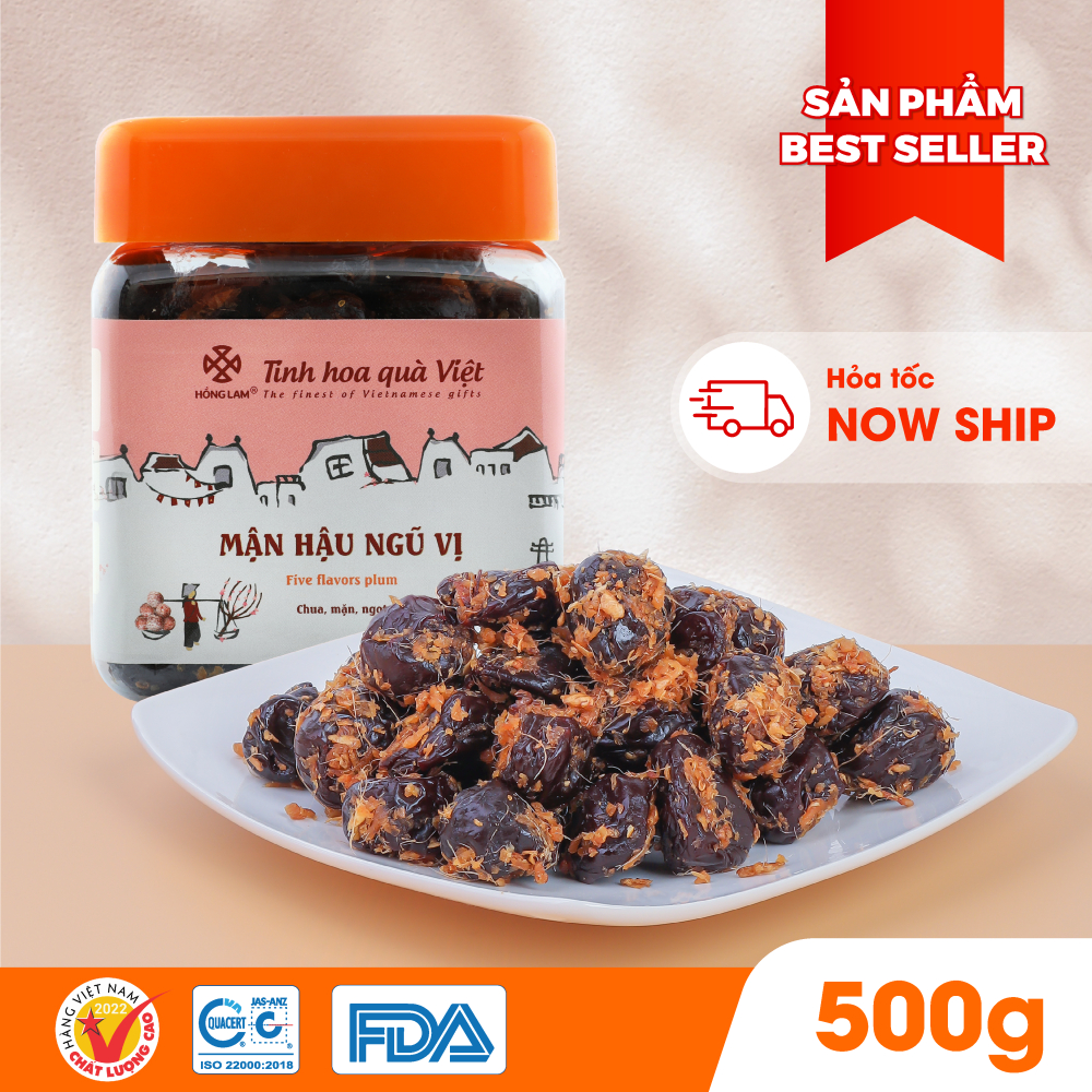 Ảnh Ô mai (xí muội) mận hậu ngũ vị Hồng Lam, dạng hộp và gói. Hương vị chua, cay, mặn ngọt của gừng 3