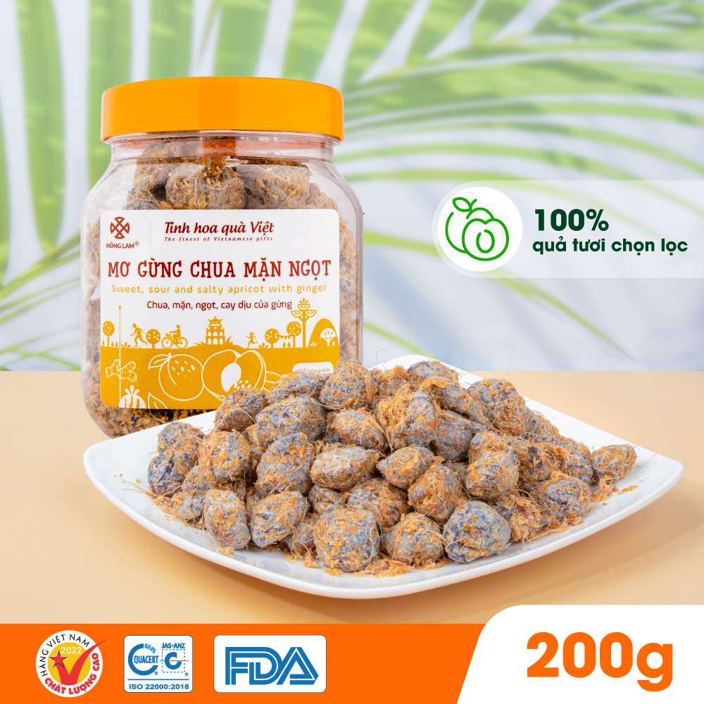 Ảnh Ô mai (xí muội) mơ gừng chua mặn ngọt Hồng Lam, dạng hộp và gói. Có vị chua, mặn, ngọt của gừng 1
