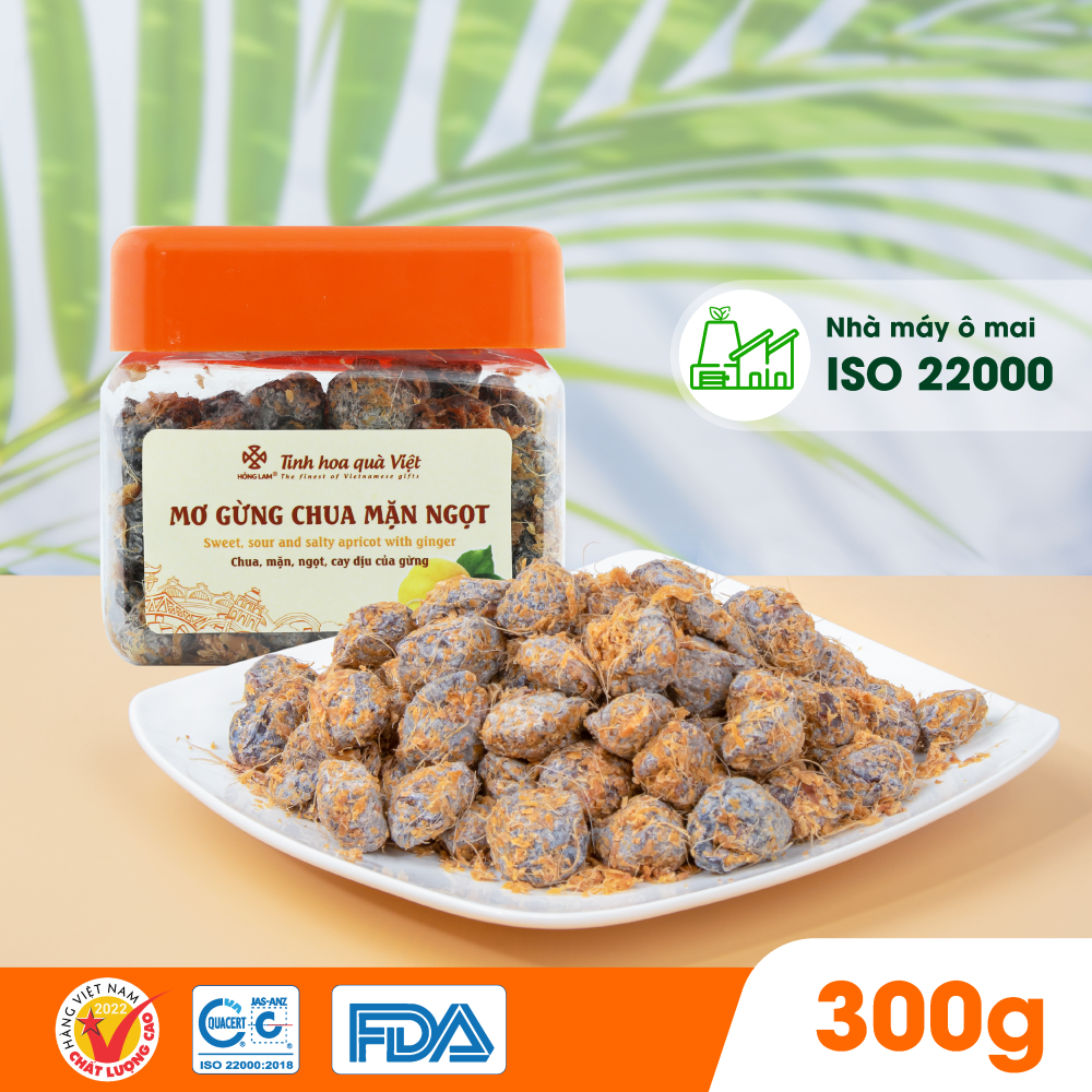 Ảnh Ô mai (xí muội) mơ gừng chua mặn ngọt Hồng Lam, dạng hộp và gói. Có vị chua, mặn, ngọt của gừng 2