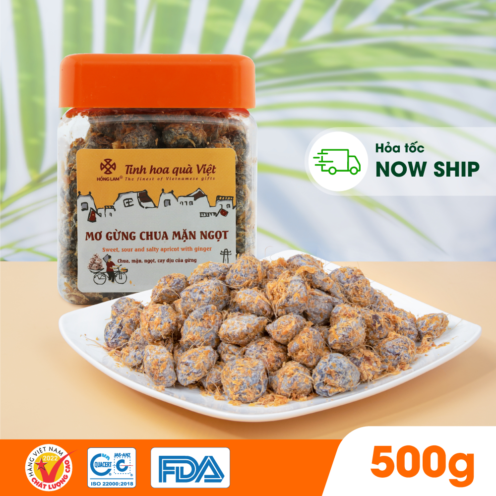 Ảnh Ô mai (xí muội) mơ gừng chua mặn ngọt Hồng Lam, dạng hộp và gói. Có vị chua, mặn, ngọt của gừng 3