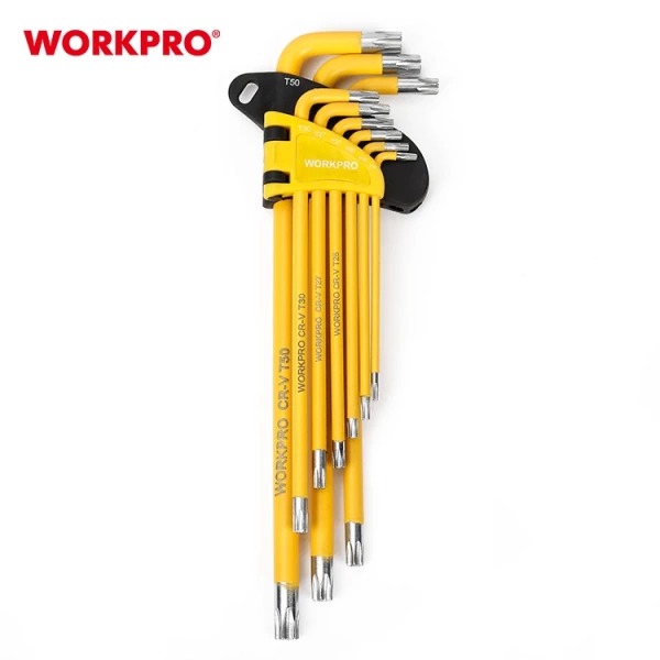 Bộ 9 Lục Giác Loại Dài Đầu Hình Sao WORKPRO WP222008 T10, T15, T20, T25, T27, T30, T40, T45, T50 - Thép CR-V cao cấp