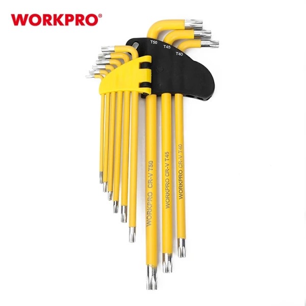Bộ 9 Lục Giác Loại Dài Đầu Hình Sao WORKPRO WP222008 T10, T15, T20, T25, T27, T30, T40, T45, T50 - Thép CR-V cao cấp