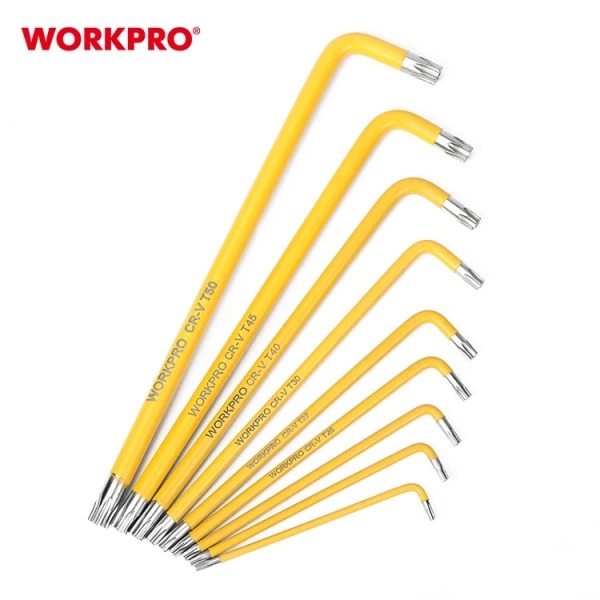 Bộ 9 Lục Giác Loại Dài Đầu Hình Sao WORKPRO WP222008 T10, T15, T20, T25, T27, T30, T40, T45, T50 - Thép CR-V cao cấp