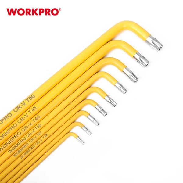 Bộ 9 Lục Giác Loại Dài Đầu Hình Sao WORKPRO WP222008 T10, T15, T20, T25, T27, T30, T40, T45, T50 - Thép CR-V cao cấp