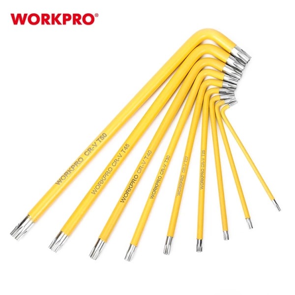 Bộ 9 Lục Giác Loại Dài Đầu Hình Sao WORKPRO WP222008 T10, T15, T20, T25, T27, T30, T40, T45, T50 - Thép CR-V cao cấp