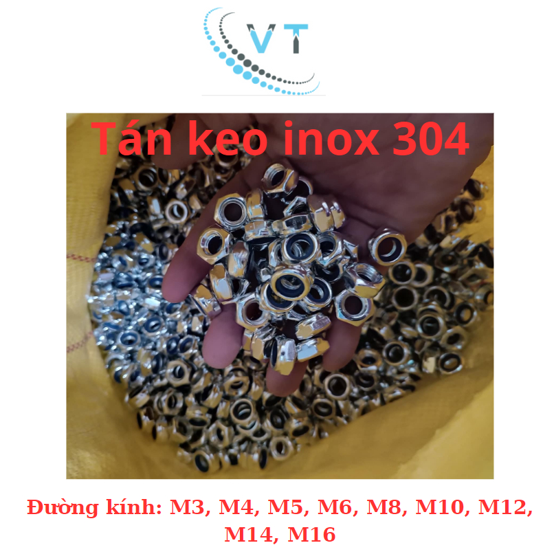 Tán keo ecu khóa nhựa , tán chống trượt DIN985 INOX 304 M4, M5, M6, M8, M10, M12, M14, M16