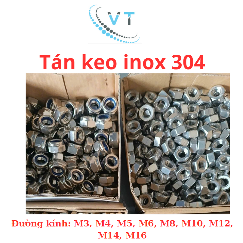 Tán keo ecu khóa nhựa , tán chống trượt DIN985 INOX 304 M4, M5, M6, M8, M10, M12, M14, M16