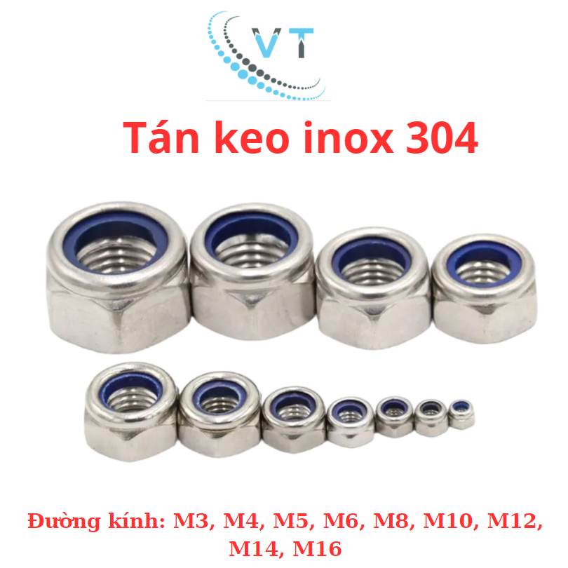 Tán keo ecu khóa nhựa , tán chống trượt DIN985 INOX 304 M4, M5, M6, M8, M10, M12, M14, M16