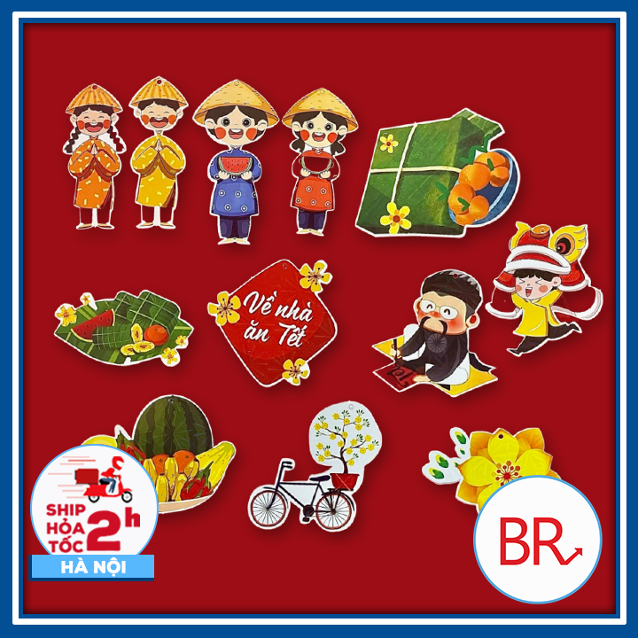 Set 12 Dây liễn treo Tết Tag Sticker nhiều hình trang trí cây mai, đào ...