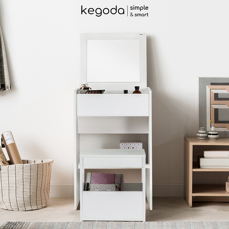 Ảnh Bàn Trang Điểm Có Gương Gấp Gọn, Bàn Phấn Gỗ Kèm Ghế Nhỏ Gọn Thông Minh Dáng Simple KEGODA KGD08 3