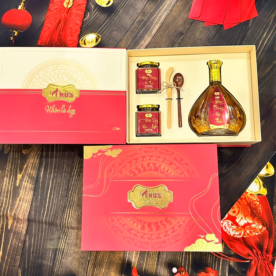 Bộ quà tặng R.ượu đông trùng hạ thảo, sâm Hàn Quốc ngâm mật ong, trà đông trùng hạ thảo VENUS EMART