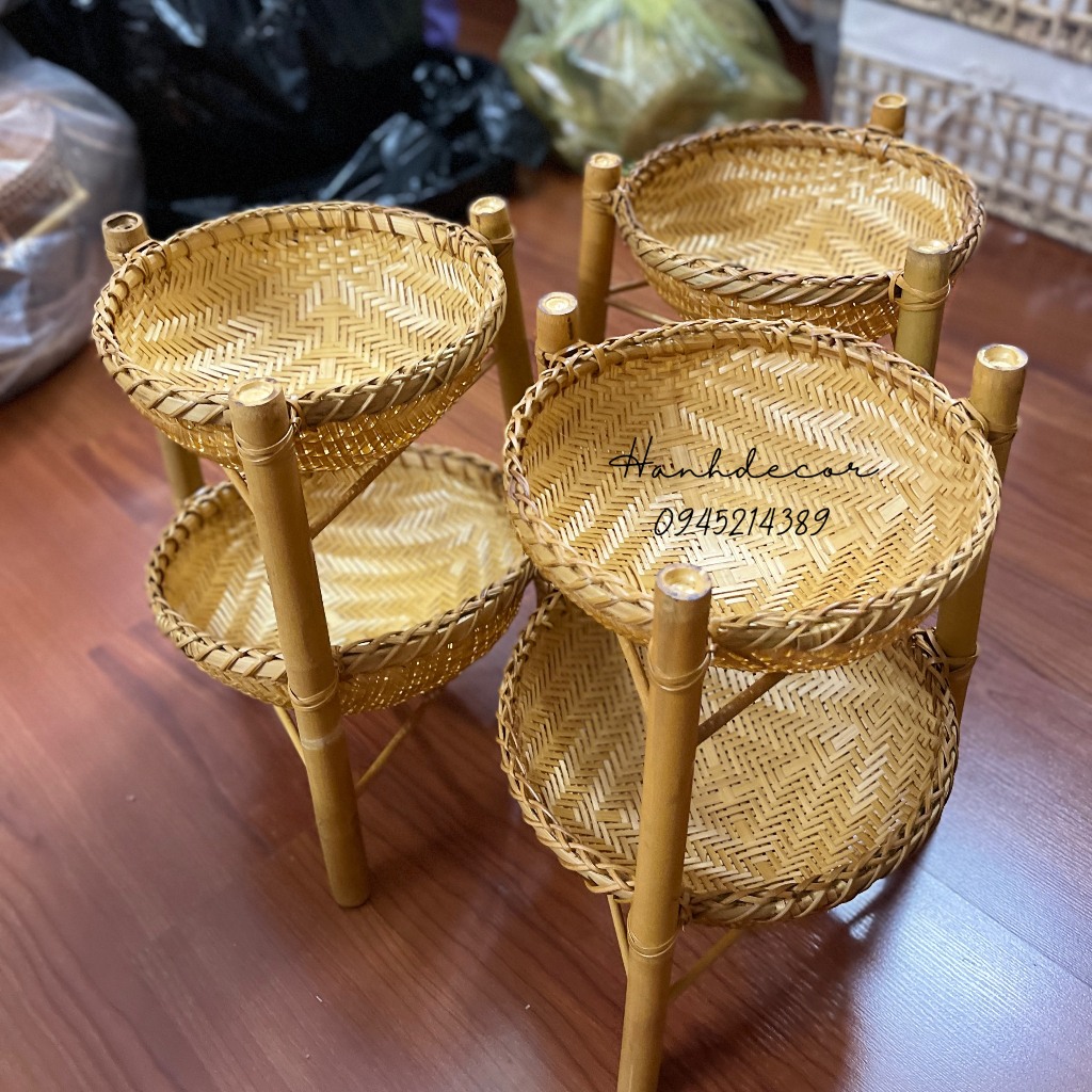 (Xưởng sx) Kệ tre 2 tầng đan kĩ đẹp, rổ tre đựng hành tỏi , kệ đựng đồ ...