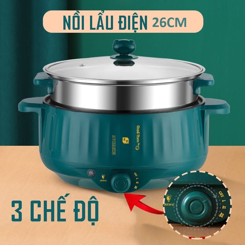 Nồi lẩu điện đa năng 2 tầng công suất 1000W tặng kèm khay hấp inox chống rỉ