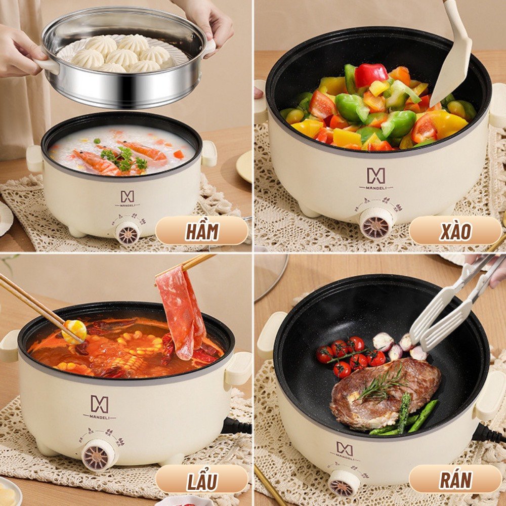 Nồi lẩu điện đa năng 2 tầng công suất 1000W tặng kèm khay hấp inox chống rỉ