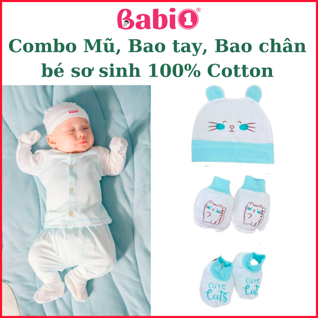 Set Bao Tay Bao Chân Mũ Sơ Sinh BABIONE Combo 3in1 100% Cotton Mềm Mại