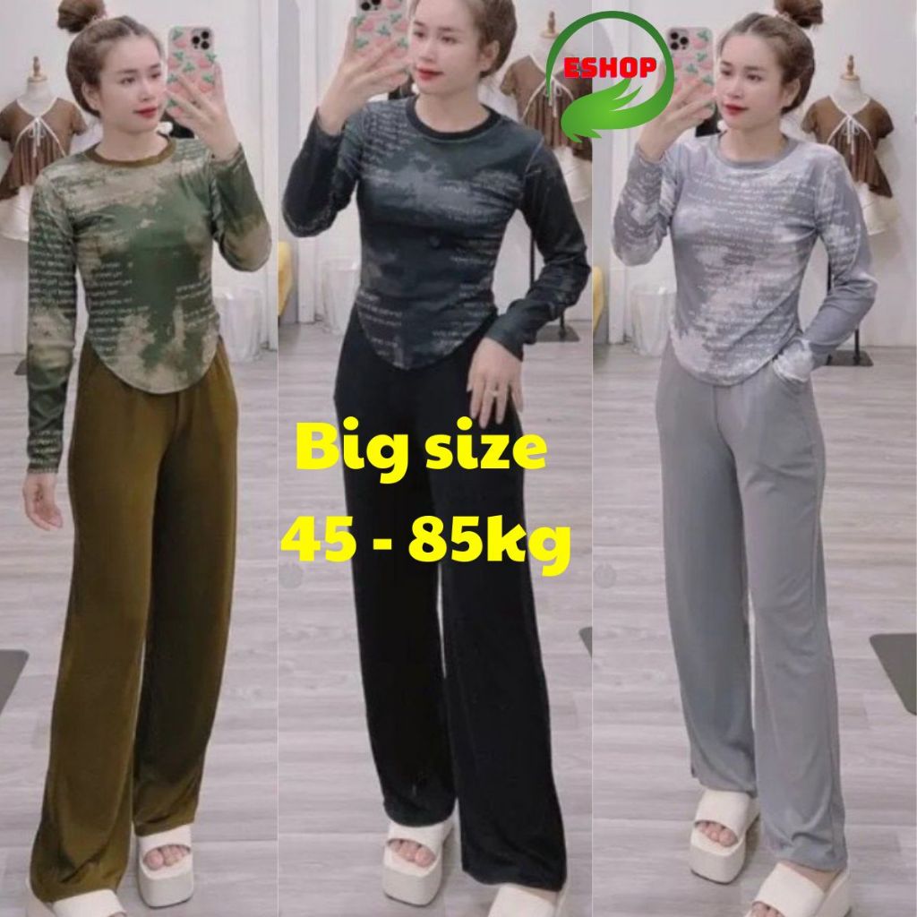 Sét Bộ Mặc Nhà Tay Dài Bigsize ESHOP Đồ Bộ Nữ Quần Ống Rộng Dài Tay Ủ Kem Thun Tăm Lạnh Xinh Đẹp Dễ Thương DT68