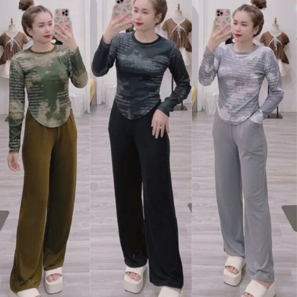 Sét Bộ Mặc Nhà Tay Dài Bigsize ESHOP Đồ Bộ Nữ Quần Ống Rộng Dài Tay Ủ Kem Thun Tăm Lạnh Xinh Đẹp Dễ Thương DT68