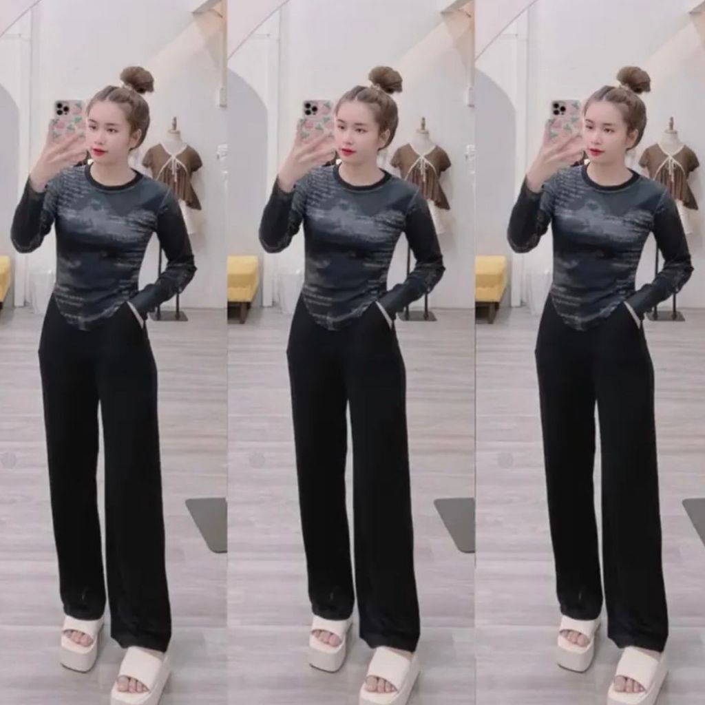 Sét Bộ Mặc Nhà Tay Dài Bigsize ESHOP Đồ Bộ Nữ Quần Ống Rộng Dài Tay Ủ Kem Thun Tăm Lạnh Xinh Đẹp Dễ Thương DT68