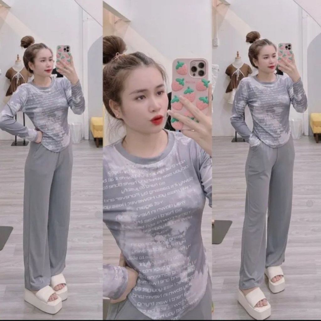 Sét Bộ Mặc Nhà Tay Dài Bigsize ESHOP Đồ Bộ Nữ Quần Ống Rộng Dài Tay Ủ Kem Thun Tăm Lạnh Xinh Đẹp Dễ Thương DT68