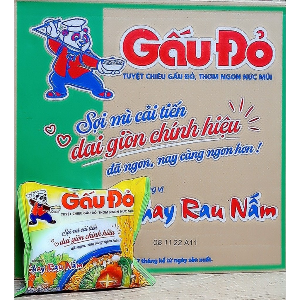 Thùng 30 gói mì Gấu Đỏ 62gr - Sợi mì cải tiến với 2 vị (Chay Rau Nấm  + Gà sợi phở)