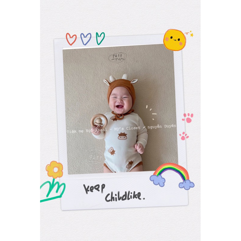 [MD62] Body suit/ áo liền thân dài tay kèm mũ hình trâu/ nghé xinh cho bé yêu NGÔ KHOAI MỲ