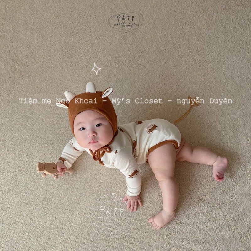 [MD62] Body suit/ áo liền thân dài tay kèm mũ hình trâu/ nghé xinh cho bé yêu NGÔ KHOAI MỲ