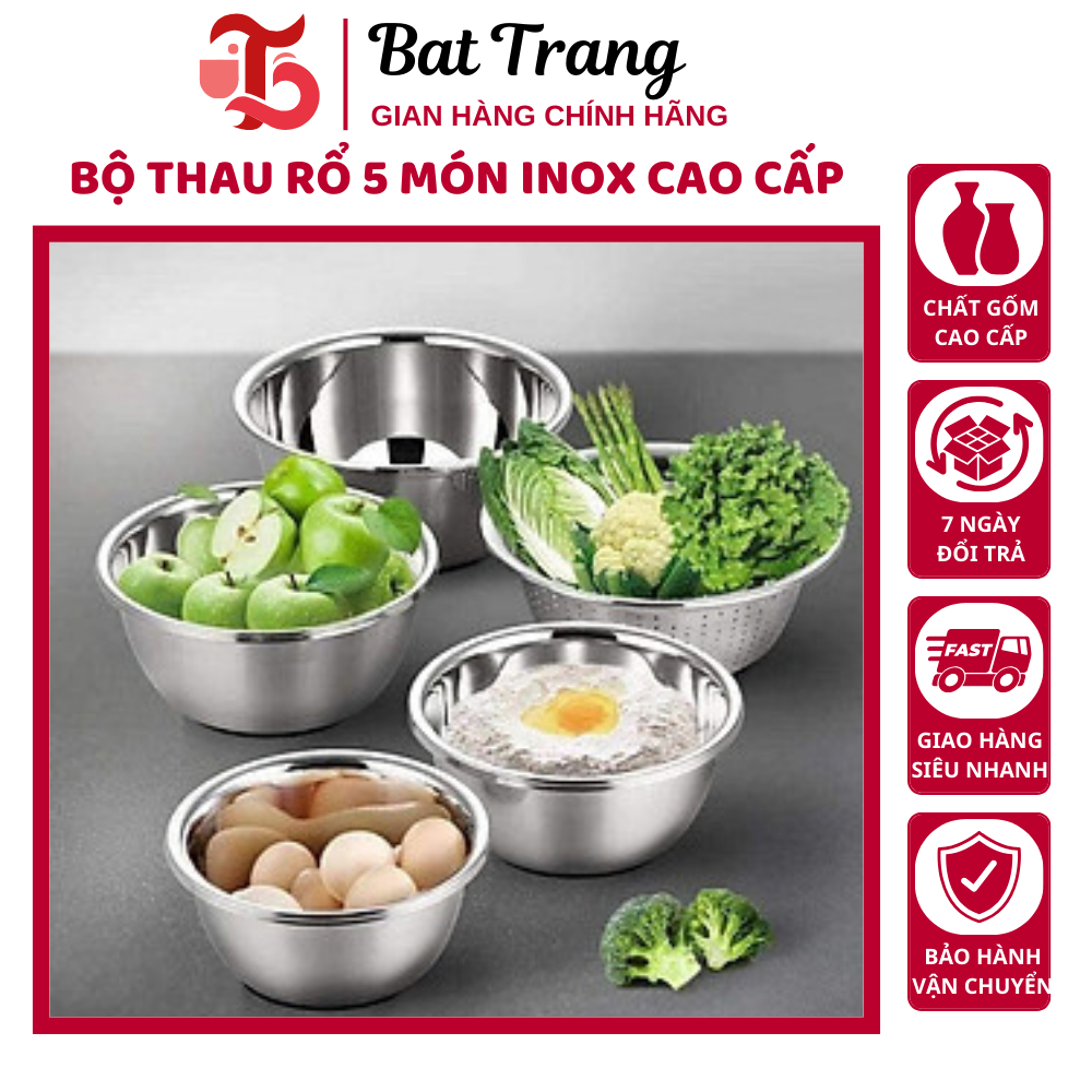 Bộ thau rổ inox 5 món cao cấp hàng nội địa Set thau chậu rổ đựng đồ ...