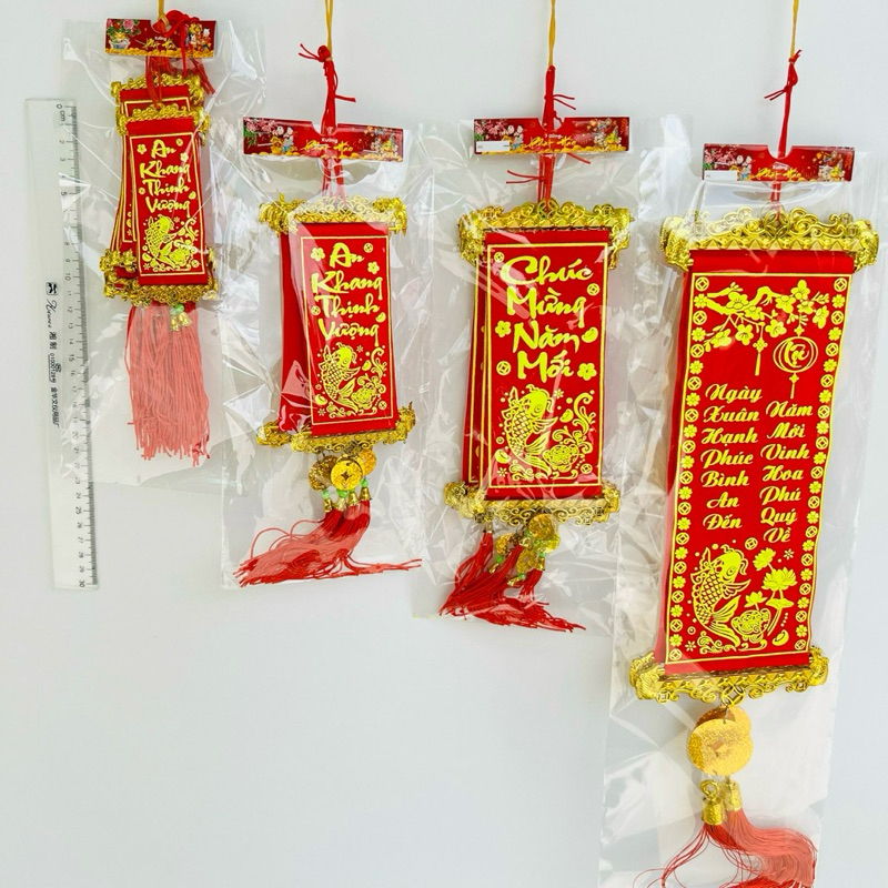 [SÉT] LIỄNG NHUNG TREO TRANG TRÍ TẾT NHỎ, MẶT LIỄNG 4,5X9,5CM, TÚI 10 DÂY - VPP QUỐC HUY.