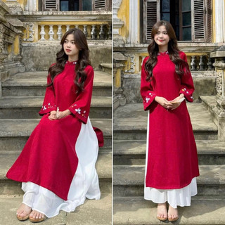Set áo dài nhung hoa thêu Forgirl tặng kèm chân váy voan xoè dài T026