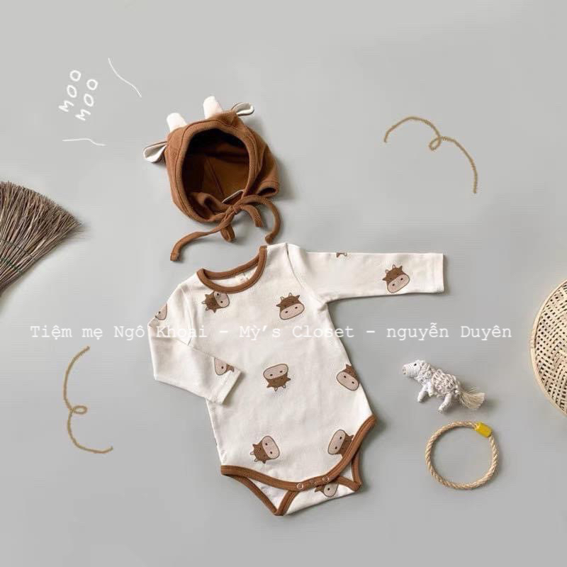 [MD62] Body suit/ áo liền thân dài tay kèm mũ hình trâu/ nghé xinh cho bé yêu NGÔ KHOAI MỲ