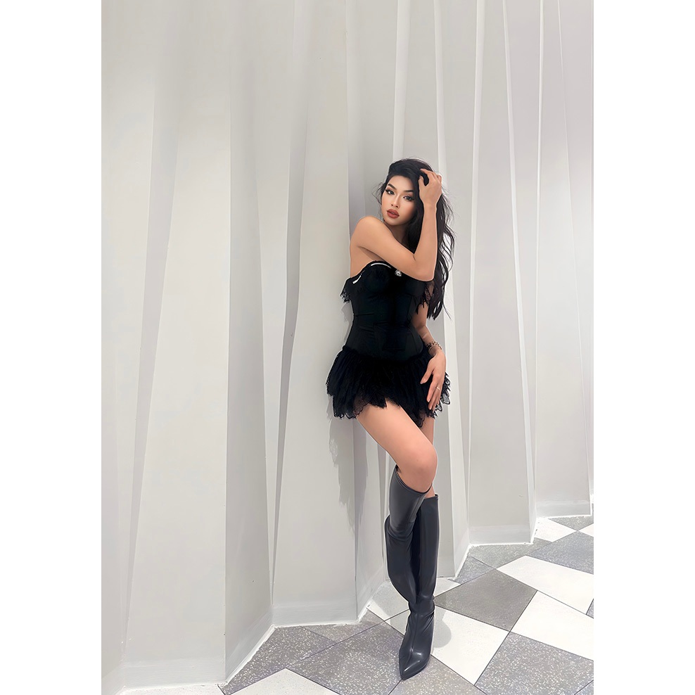 Váy cúp ngực viền đá phối ren - Váy corset gấm ôm body tiểu thư 𝐁𝐫𝐢𝐝𝐚𝐥 𝐁𝐥𝐚𝐜𝐤 𝐃𝐫𝐞𝐬𝐬 (có mút và kèm quần bảo hộ)