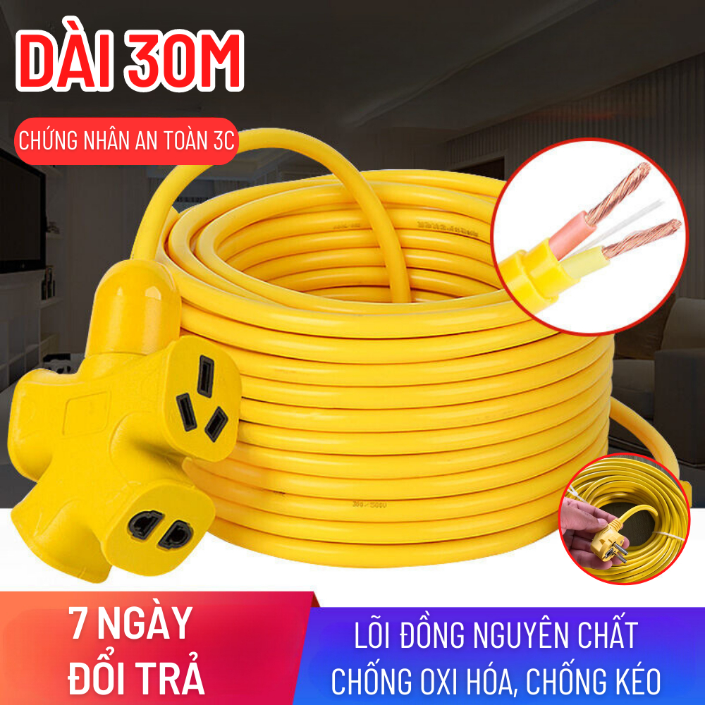 Cuộn Dây Điện Dài 30M Kèm Ổ Cắm , Phích Cắm Đúc Chịu Lực Cao Đa Năng Tiện Lợi Dài 30M, Dây Cấp Nguồn 220V