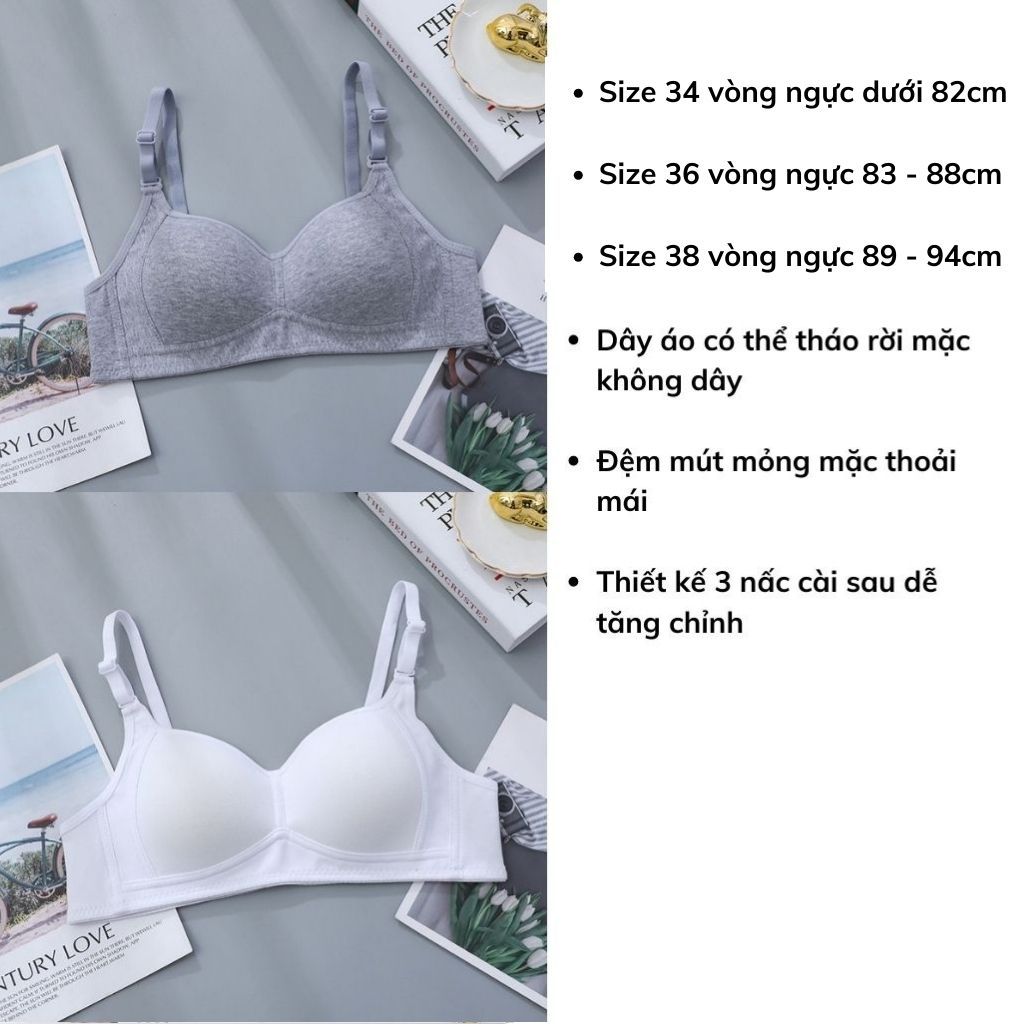 Áo ngực nữ không gọng đệm mút mỏng ôm ngực, Áo lót nữ học sịnh cotton mềm mại thoáng mát LANIXA A838