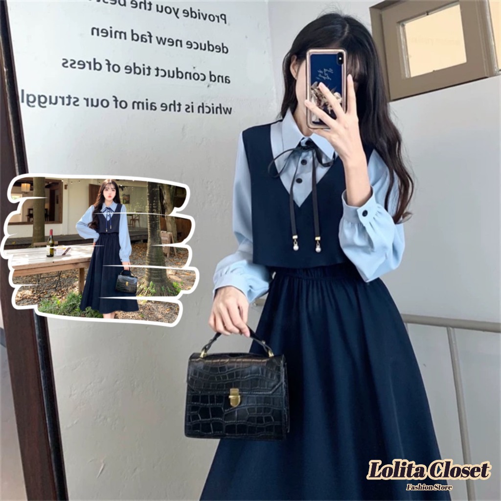 Váy đầm corduroy xanh cổ sơ mi kèm nơ cổ phong cách Hàn Quốc MS540 ...