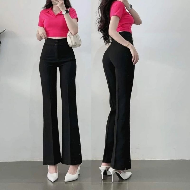 Quần tây ống loe nữ lưng cao bản cạp to 2 cúc dáng dài, Quần vải tuyết mưa cao cấp