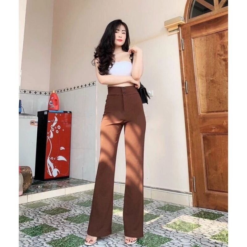 Quần tây ống loe nữ lưng cao bản cạp to 2 cúc dáng dài, Quần vải tuyết mưa cao cấp