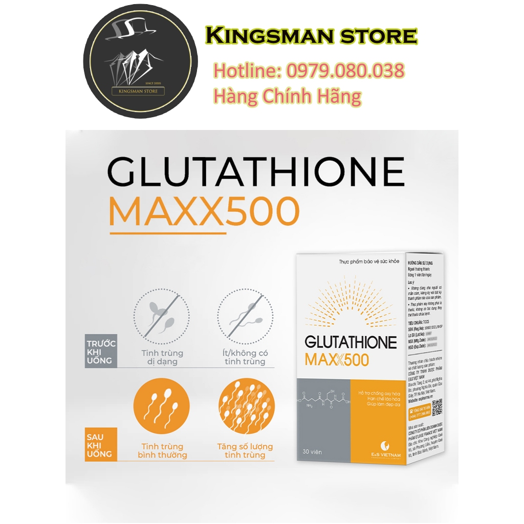 HÀNG CHÍNH HÃNG ) Glutathione MAX 500 -Chống Oxy hóa - Hỗ Trợ Cải Thiện  Tinh Trùng Di Dạng, Tăng Số Lượng Tinh Trùng