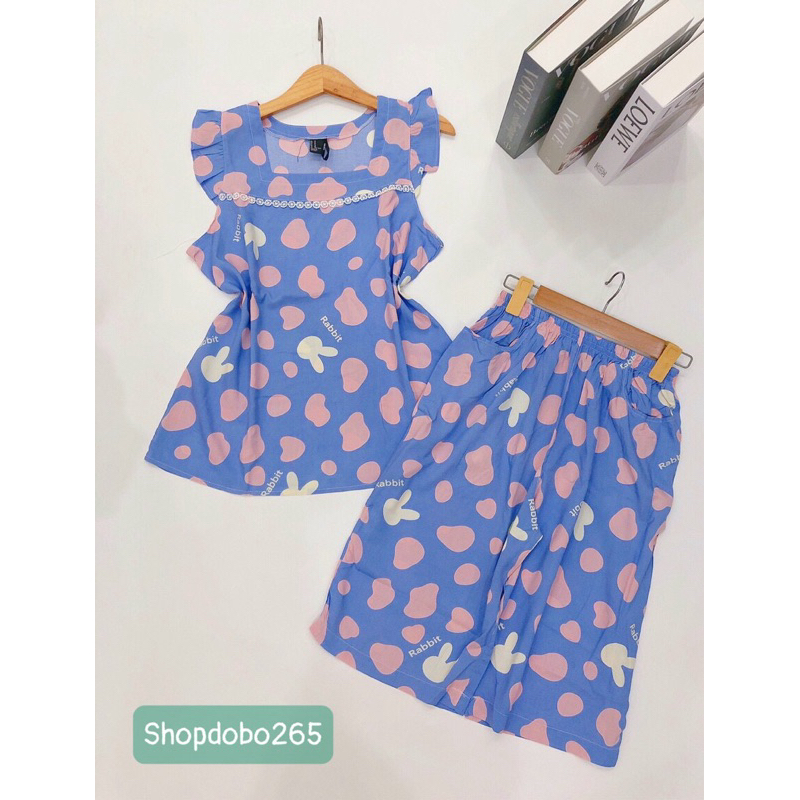 Đồ bộ nữ, đồ ngủ mặc nhà lửng cổ vuông phối ren F21 tay cánh tiên vải lanh BL161 họa tiết dễ thương size 45-70kg.