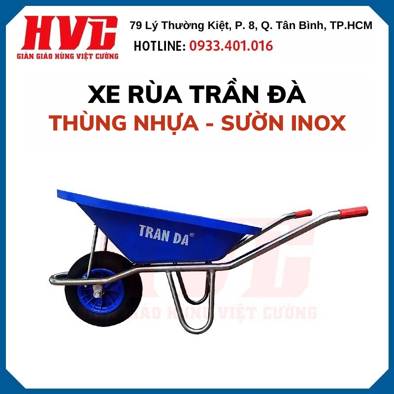 Xe rùa thùng nhựa xanh dương Trần Đà sườn mạ kẽm, bánh hơi 3.50-8, tải ...