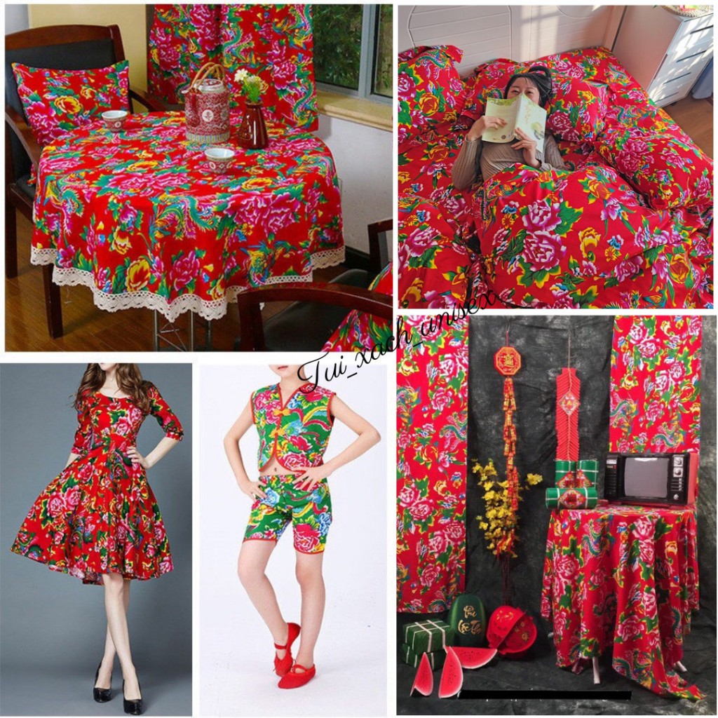 Vải lụa đỏ ,chăn con công trang trí, vintage, decor tết, khăn trải bàn, làm gối, nệm, may quần áo liền khổ - unisex K0