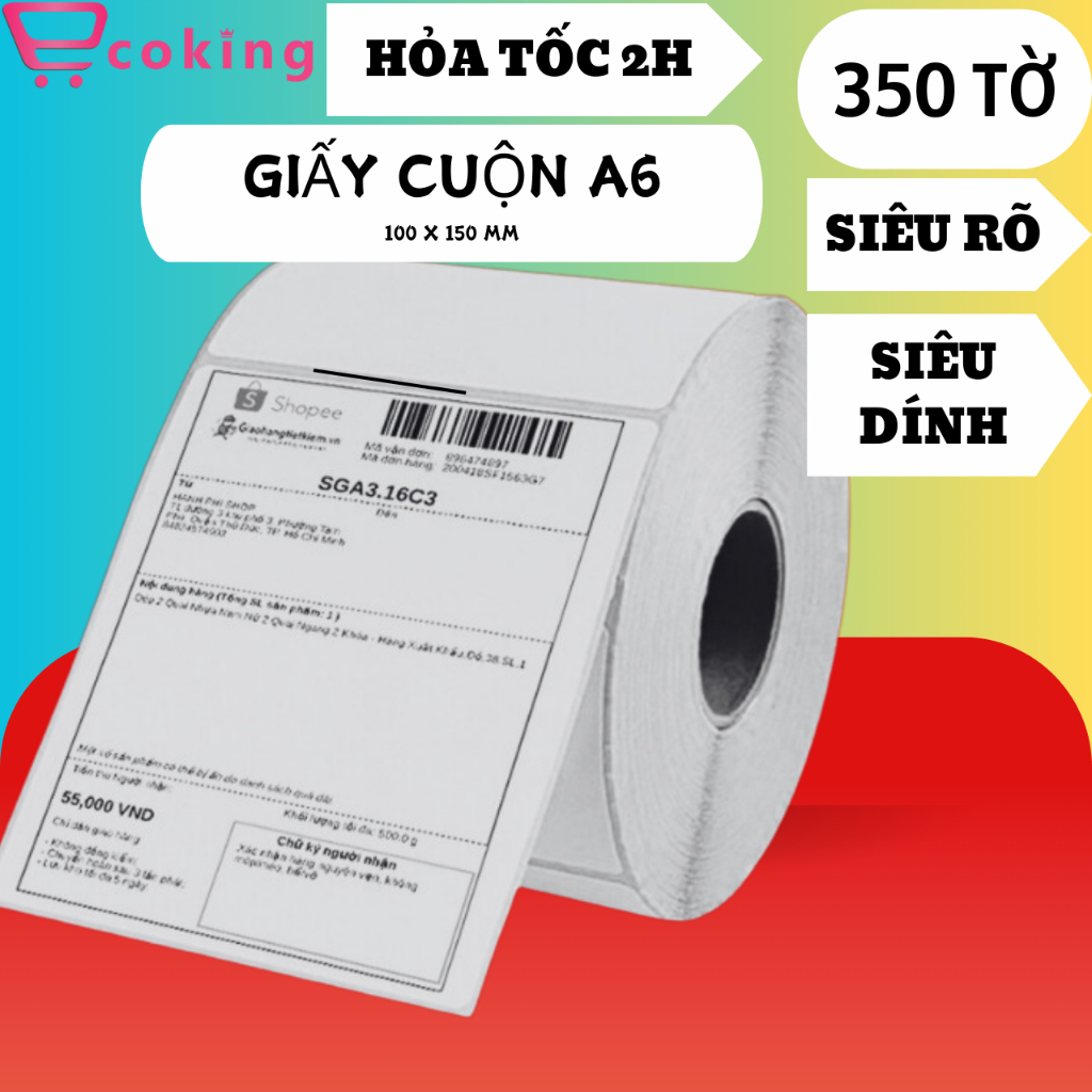 Giấy in nhiệt cuộn A6 ECOKING dcal tự dính 350 tờ 1 tệp cho tất cả dòng ...