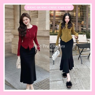Set áo váy đuôi cá Quảng Châu thiết kế gồm áo vạt bèo và chân váy dài tiểu thư